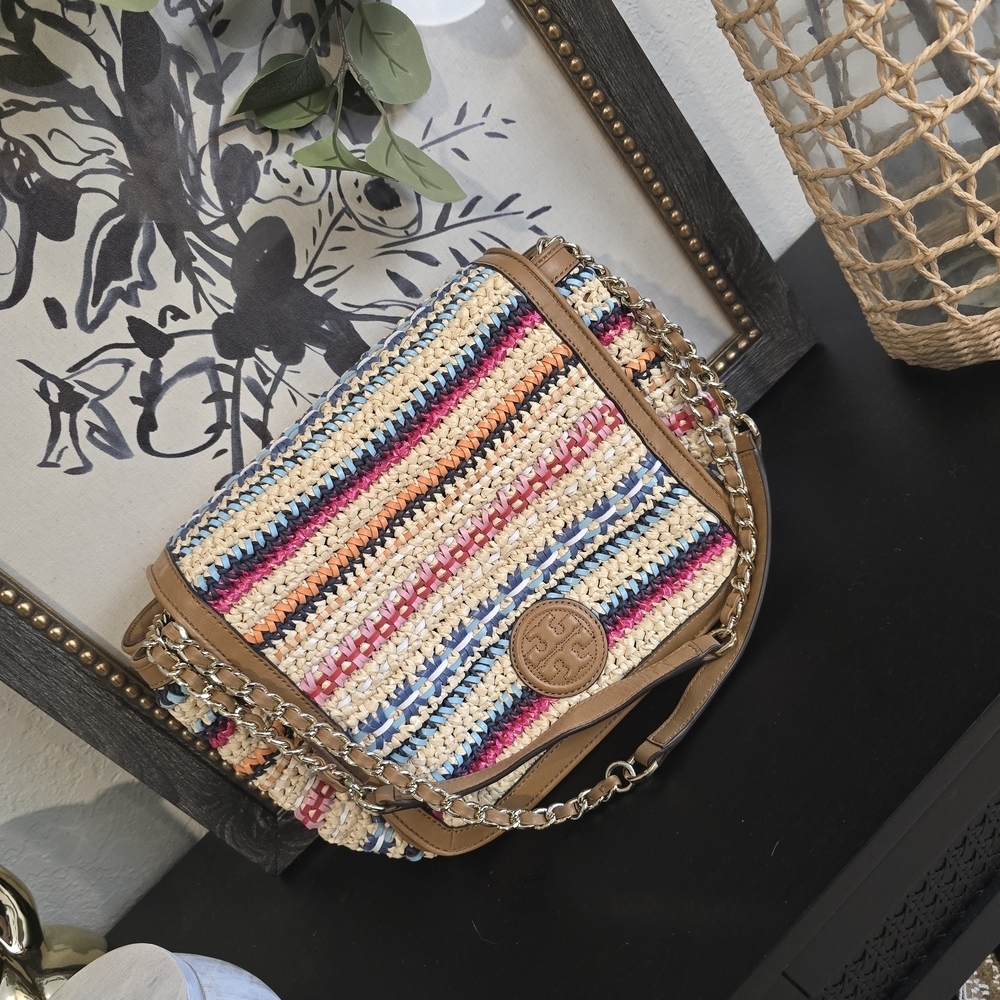 Tory Burch Women’s Rare Boho Marion Woven Flap Shoulder Crossbody Bag